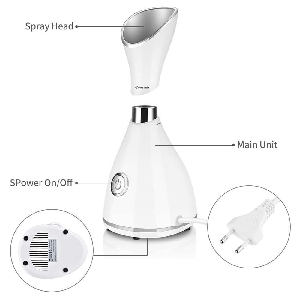 Beauty steamer facial moisturizer with spray head, main unit, and power switch, ideal for home use and skin hydration.