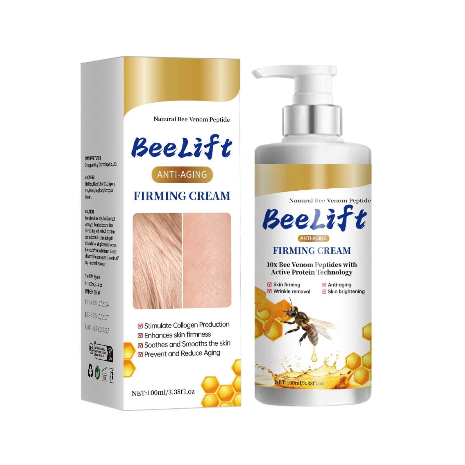 BeeLift Firming Cream with natural bee venom peptide for anti-aging, skin firmer, and wrinkle reducer, 100ml packaging.