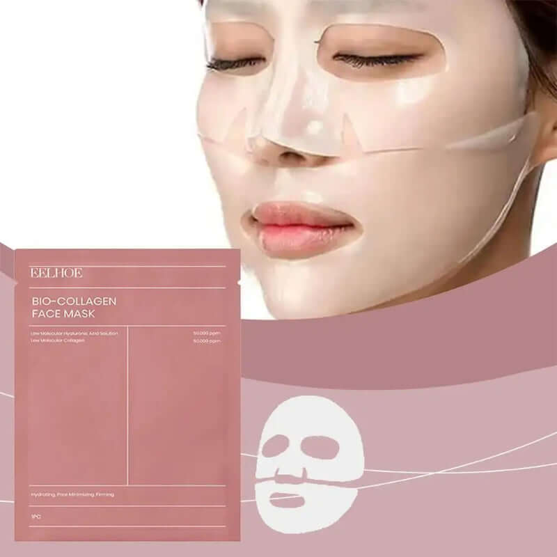Bio-Collagen Face Mask for deep hydration, firming, and reducing wrinkles, shown on a woman's face.