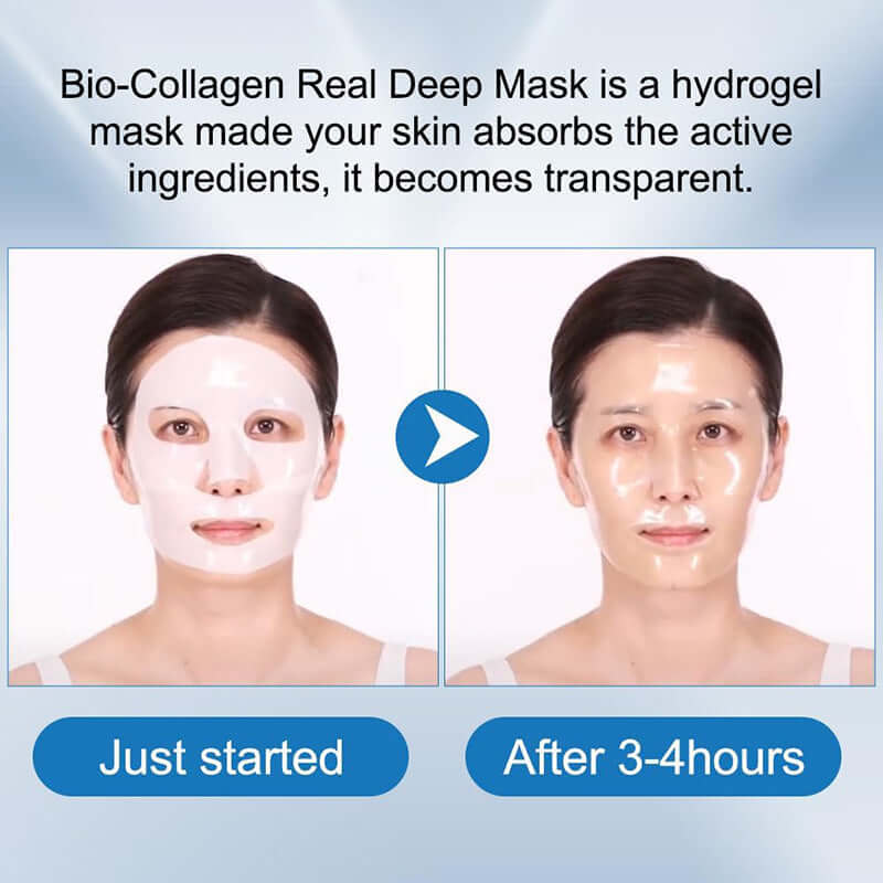 Before and after using Bio-Collagen Real Deep Mask, demonstrating hydration and firmness benefits.