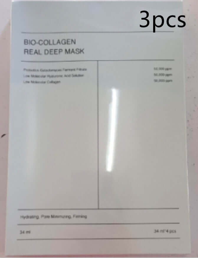 Bio-Collagen Real Deep Mask packaging with 3 pieces for hydrating, pore minimizing, and firming skin treatment.