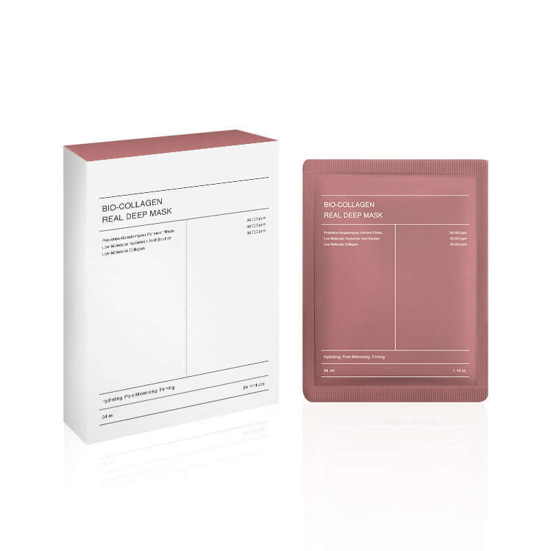 Bio-Collagen Real Deep Mask packaging and individual mask, designed for hydration, firming, and brightening skin.