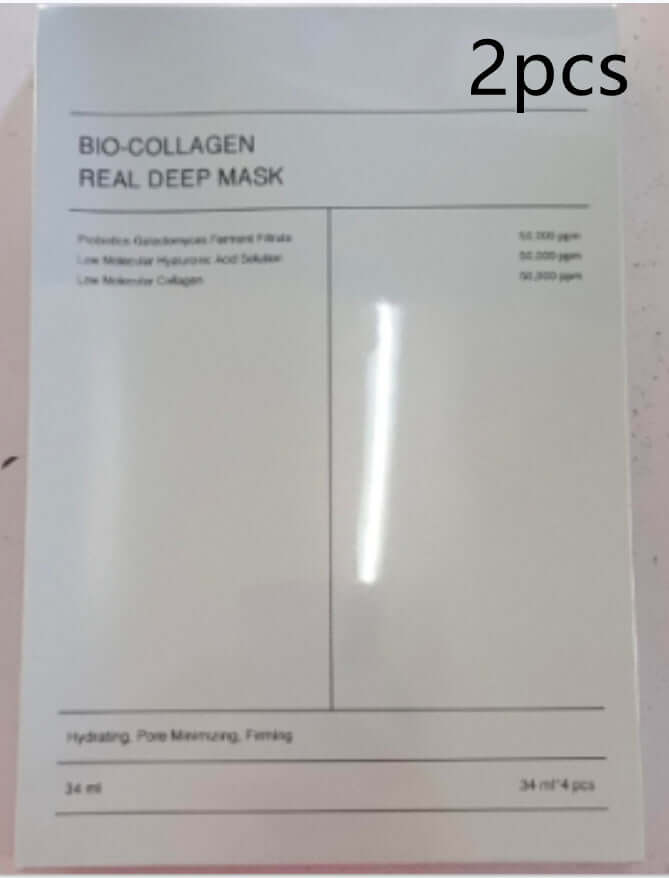 Bio-Collagen Real Deep Mask package, hydrating and firming, 2 pieces, perfect for skin nourishment and pore minimization.