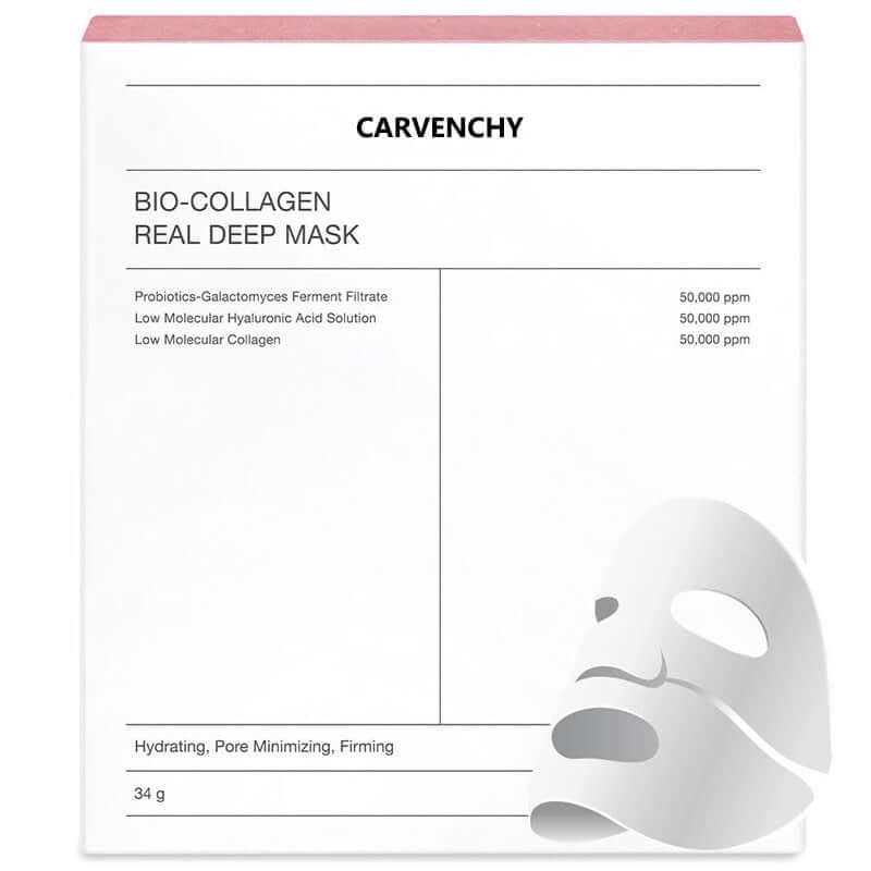 Carvenchy Bio-Collagen Real Deep Mask box with facial mask, hydrating and firming skin treatment.