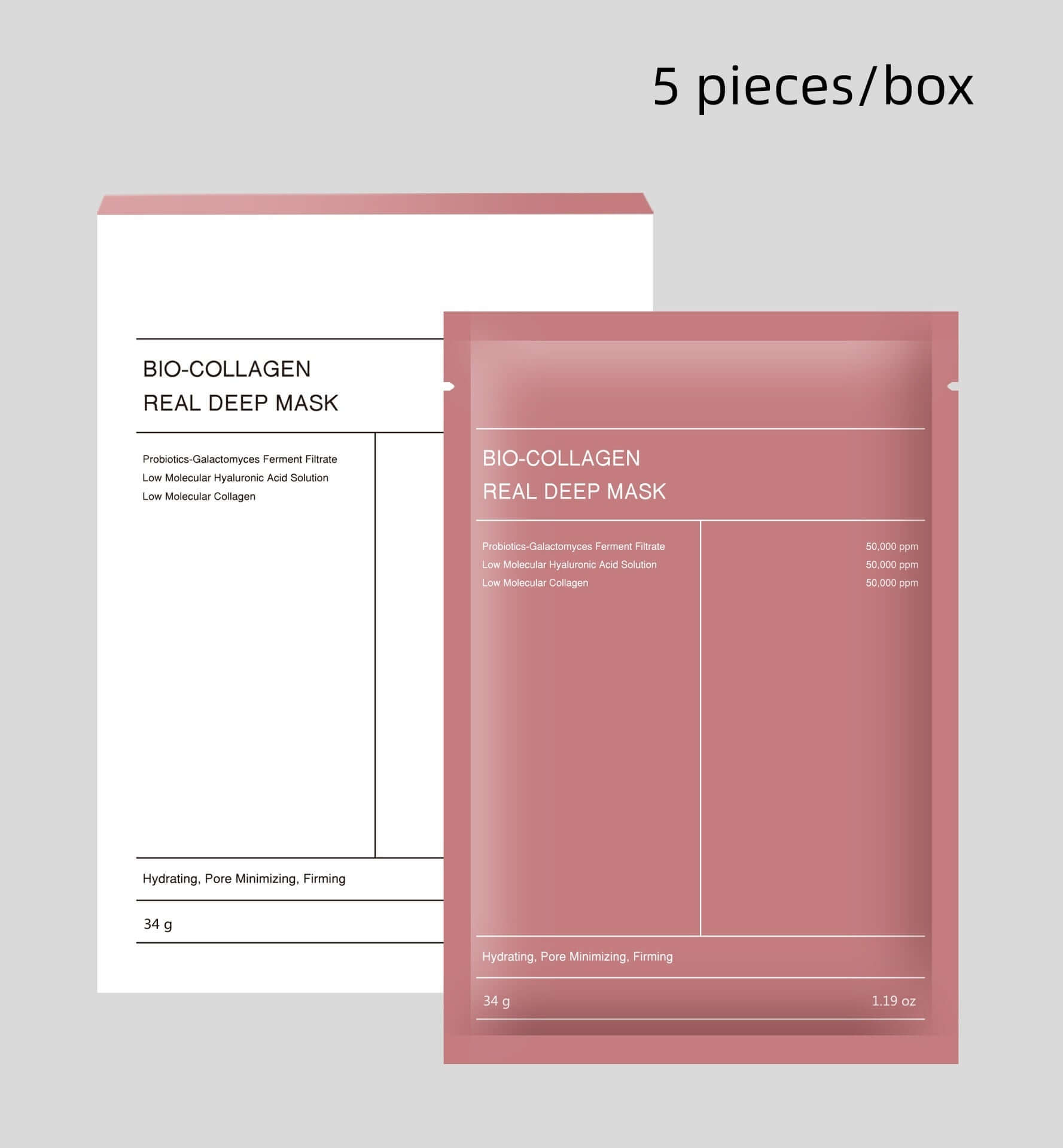 Bio-Collagen Real Deep Mask packaging, 5 pieces per box, promoting hydration, pore minimizing, and firming benefits.