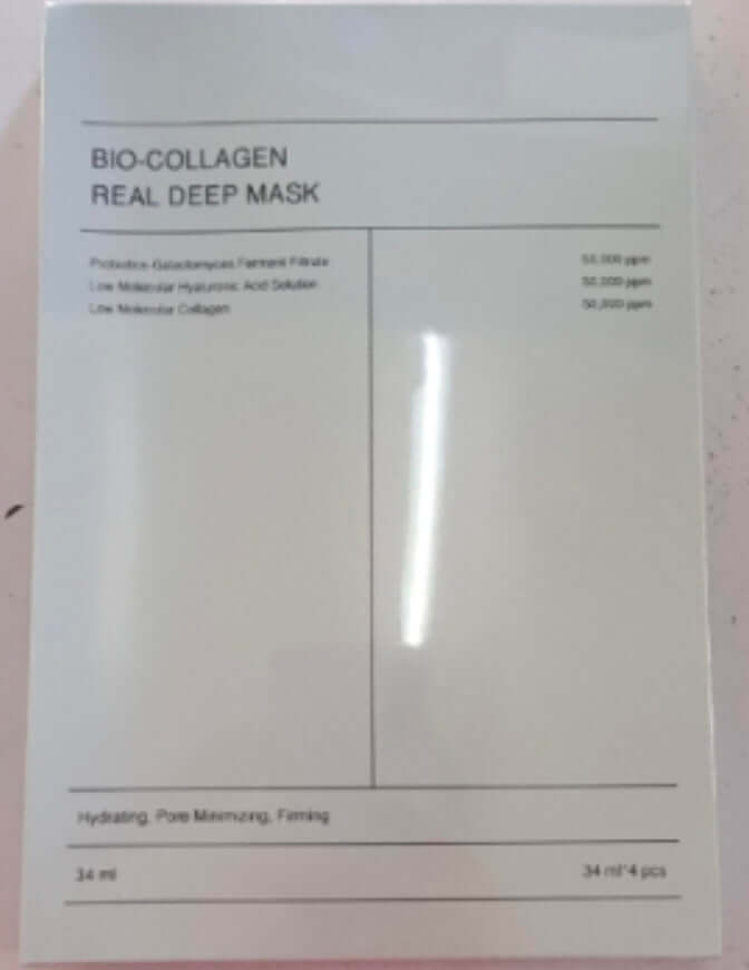 Bio-Collagen Real Deep Mask packaging, 34ml, for hydrating and firming skin, reducing pores and wrinkles.