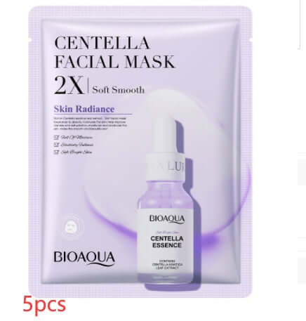 Centella Facial Mask by BioAqua, 2X soft smooth for radiant skin, includes 5 pieces, soothing and moisturizing face mask.