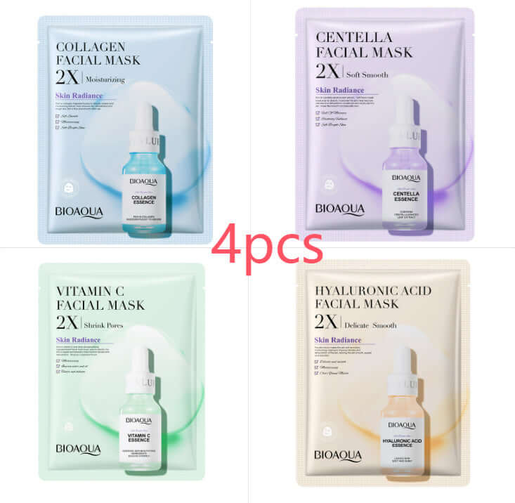 Set of 4 facial masks: Collagen, Centella, Vitamin C, and Hyaluronic Acid for moisturizing and skin radiance.