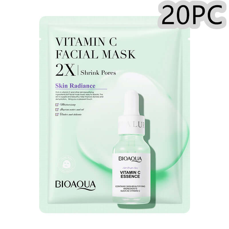 Vitamin C facial mask packaging designed to shrink pores and enhance radiance, includes 20 pieces of skincare treatment.