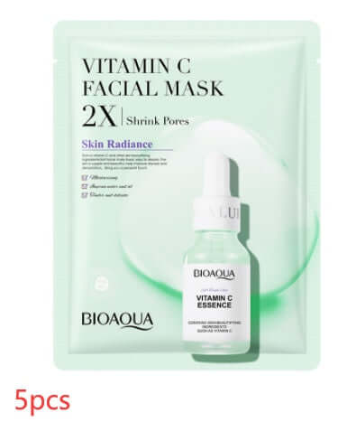 Vitamin C facial mask with essence for skin radiance and pore shrinking, featuring 5 pieces packaging.