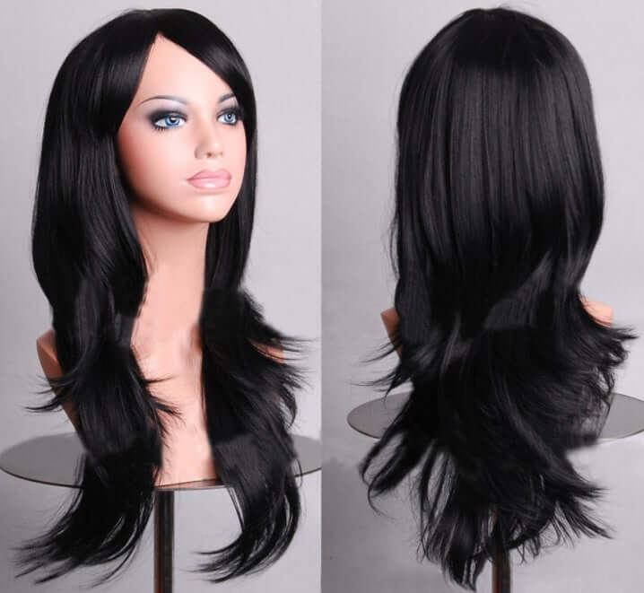 Black long cosplay wig displayed on a mannequin, styled with soft layers for anime characters, perfect for cosplay events.