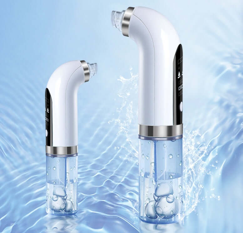 Two models of a blackhead remover pore vacuum cleaner on a blue water background, showcasing a sleek design for skincare.