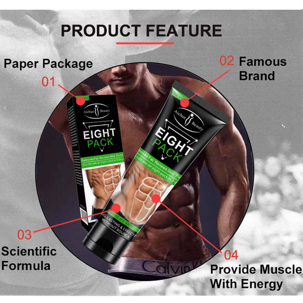 Body cream packaging highlighting brand and features, promoting muscle energy and hydration benefits.