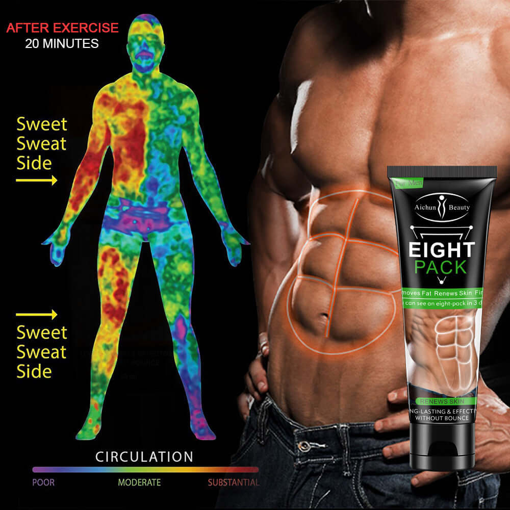 Body sculpting cream displayed next to a man showcasing body heat mapping after exercise, highlighting circulation benefits.