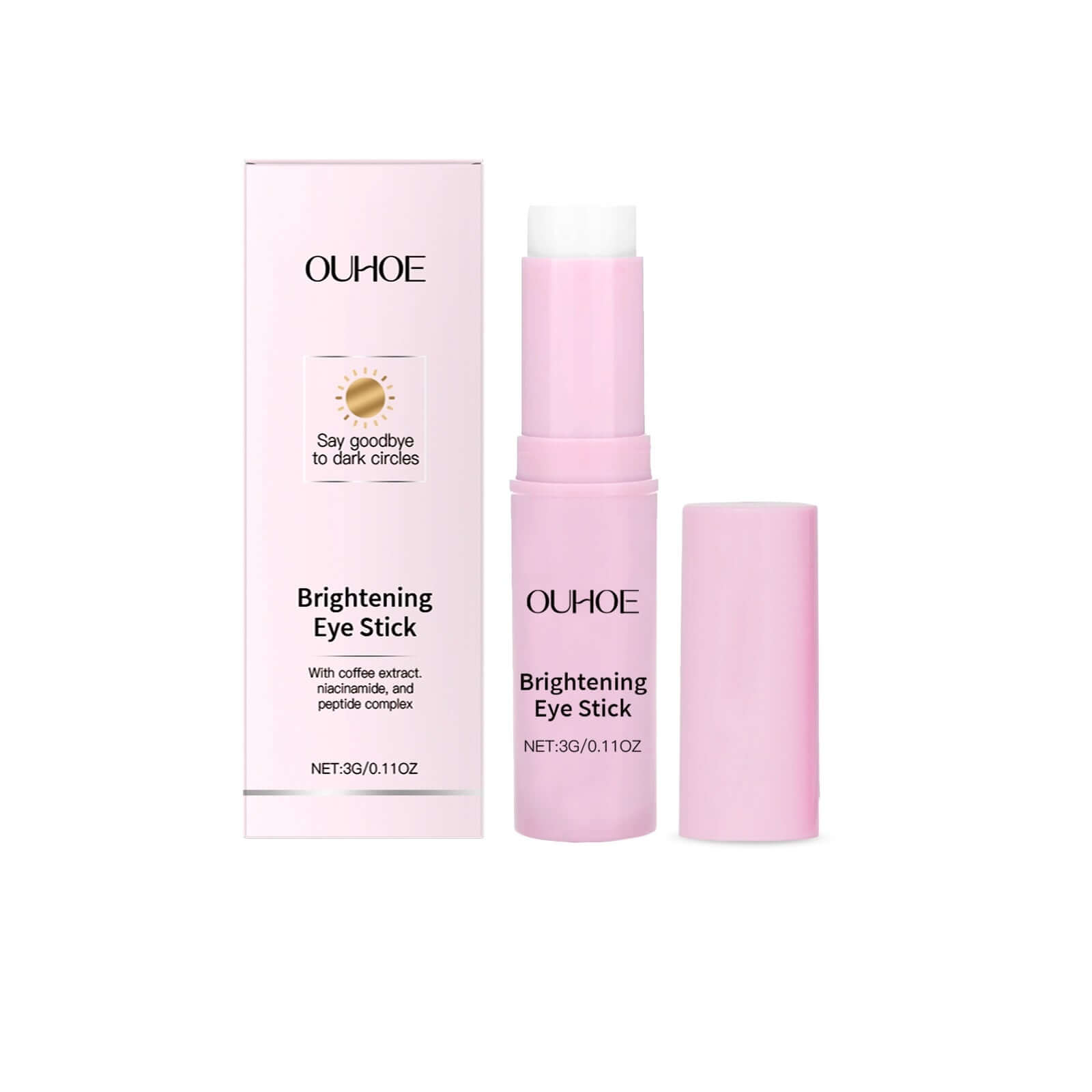 Brightening eye cream stick by OUHOE, designed to reduce dark circles with coffee extract and peptides.