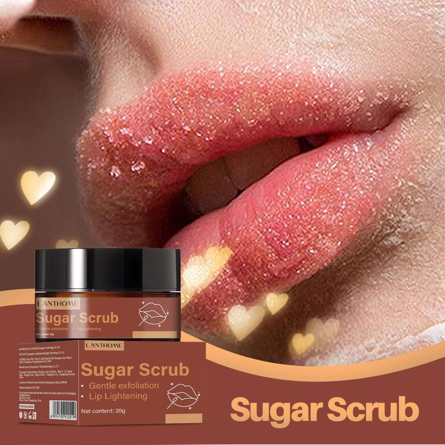 Brown sugar lip scrub cream for gentle exfoliation and moisturizing lips, net content 20g.