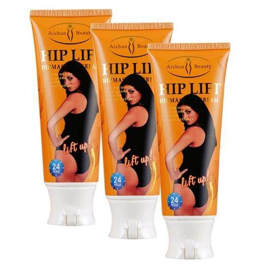 Three tubes of Aichun Beauty Hip Lift Cream for enhancing buttocks and hips, promoting firmness and natural body balance.