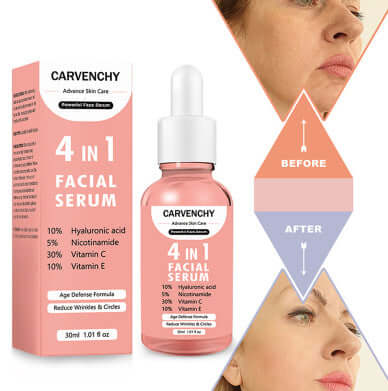 CARVENCHY Advance Skin Care 4 in 1 Facial Serum, 30ml, with hyaluronic acid and vitamins, before and after results.