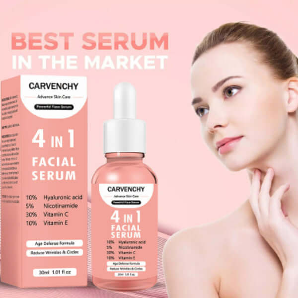 Carvenchy Advance Skin Care 4 In 1 Facial Serum 30ml with hyaluronic acid, vitamin C, anti-aging benefits, and a model showcasing it.