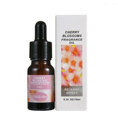 Cherry Blossoms fragrance oil bottle with dropper, 10ml, promoting relaxation and calming effects.
