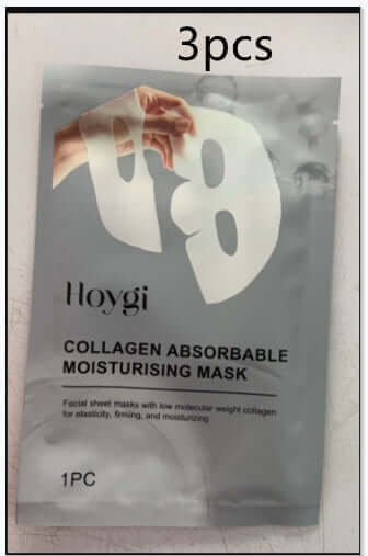 Hoygi collagen absorbable moisturizing mask packaging showing 3pcs, designed for elasticity and firming, facial sheet mask.