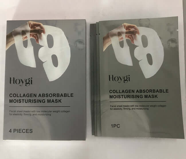 Hoygi collagen absorbable moisturizing mask packaging, includes 4 facial sheet masks for elasticity and hydration.