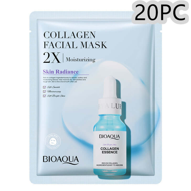 Collagen facial mask pack by BIOAQUA for moisturizing and skin radiance, includes 20 pieces with collagen essence.
