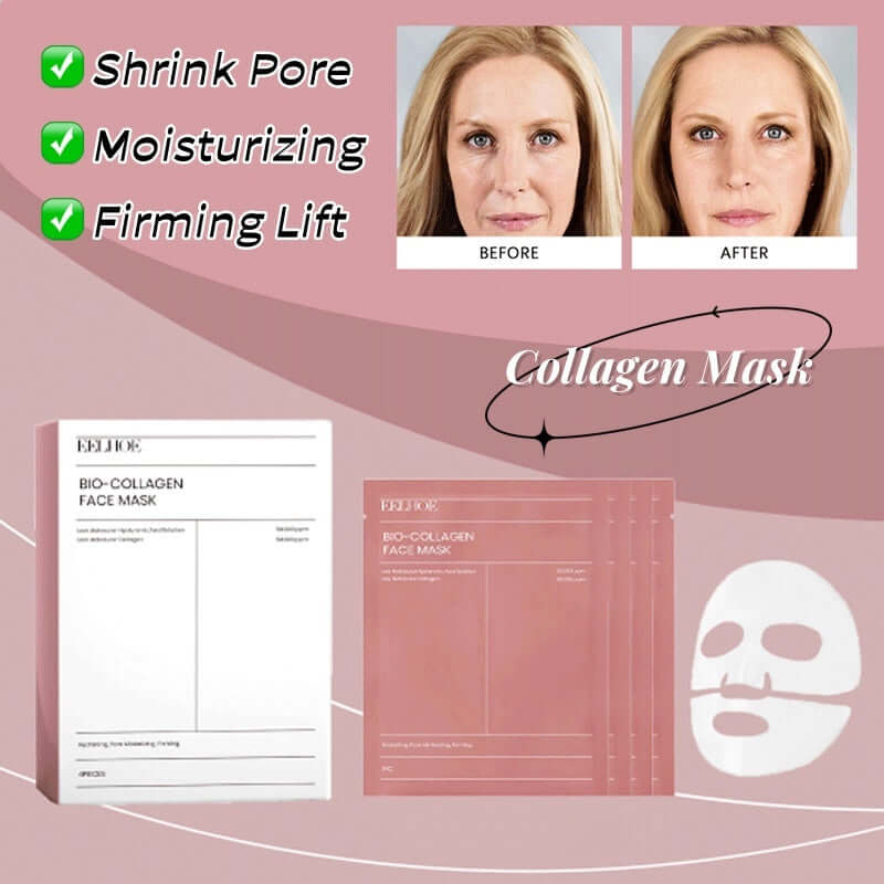 Before and after results of collagen mask for moisturizing, shrinking pores, and firming skin.