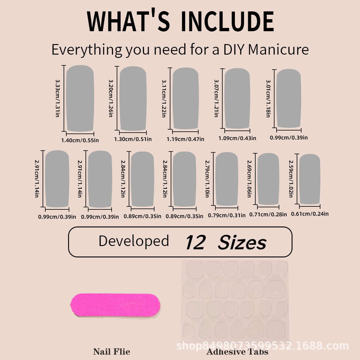 DIY manicure kit featuring 12 sizes of false nails, nail file, and adhesive tabs for easy application.
