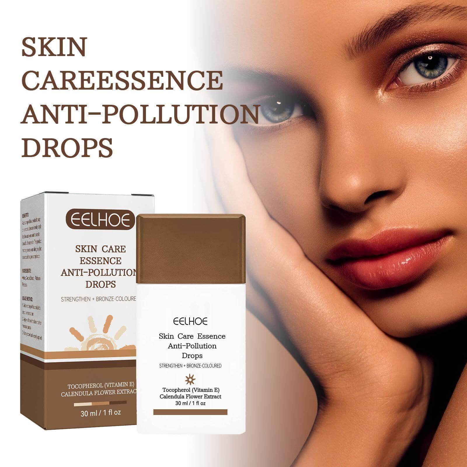 EELHOE Skin Care Essence Anti-Pollution Drops with packaging and model displaying radiant skin.