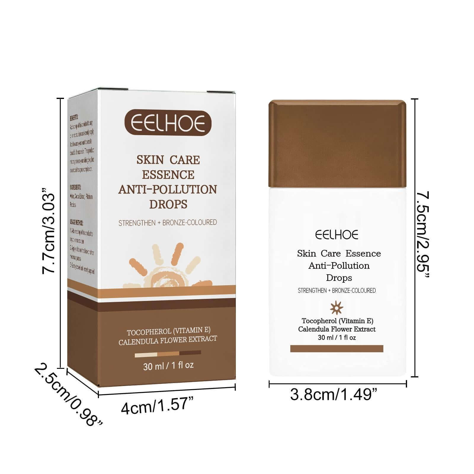 EELHOE Skin Care Essence Anti-Pollution Drops in packaging, 30ml bottle enriched with Tocopherol and Calendula extract.