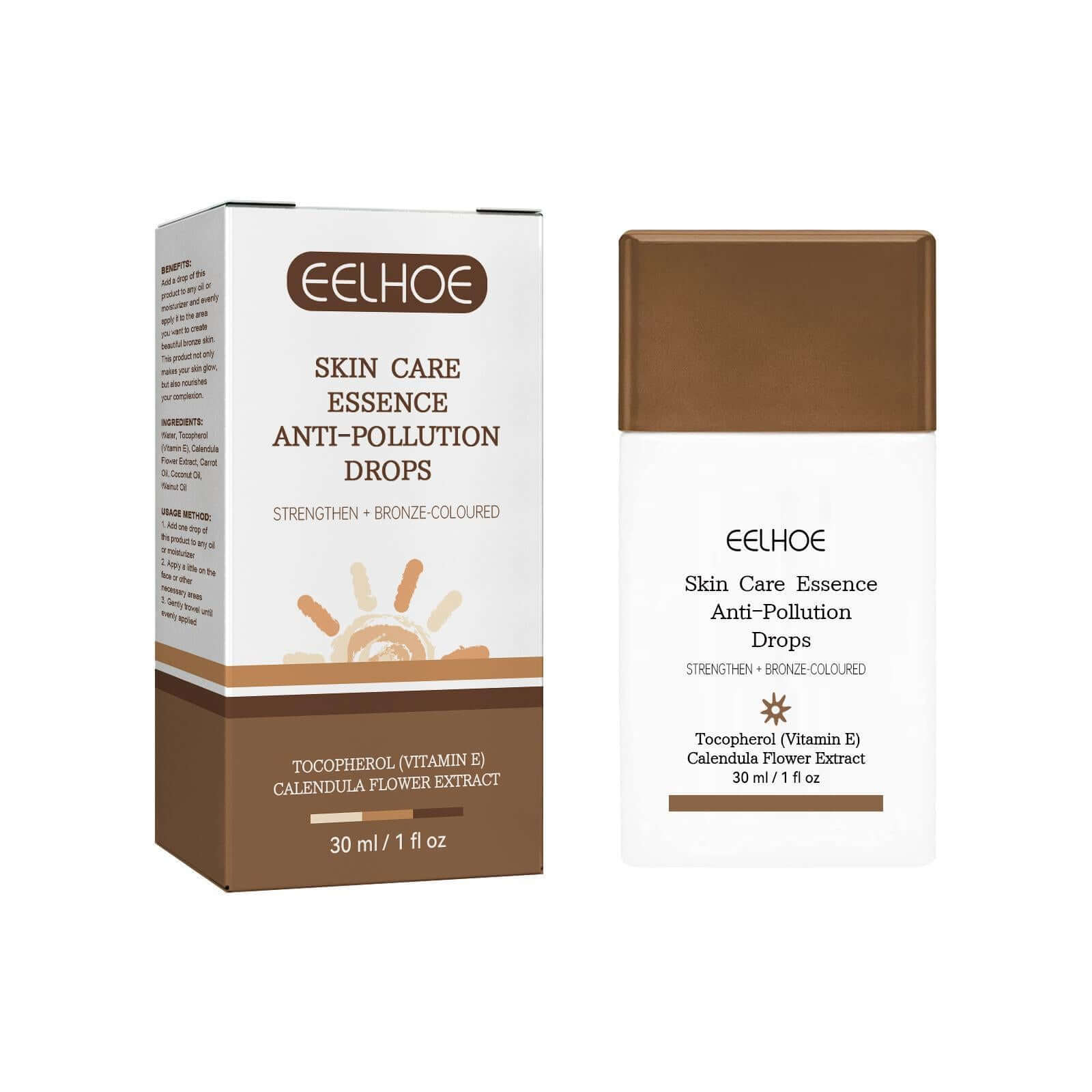 EELHOE Skin Care Essence Anti-Pollution Drops in packaging, 30ml bottle with bronze-colored essence for skin health.