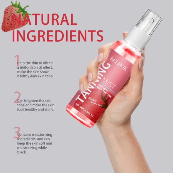 EELHOE Strawberry Tanning Mist promoting natural ingredients for even skin tone and hydration.
