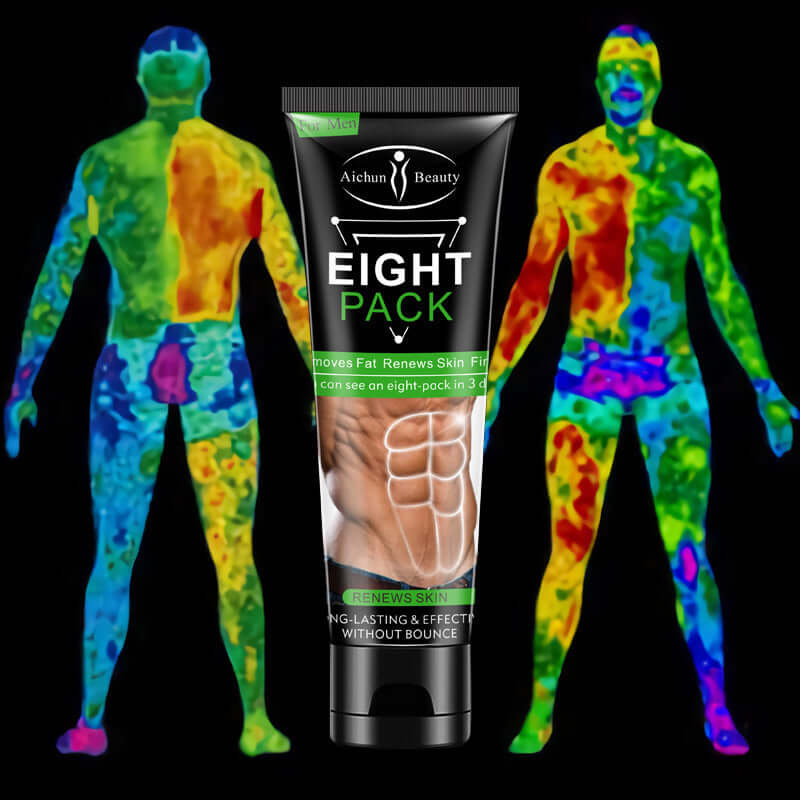 Aichun Beauty Eight Pack cream tube, promoting fat loss and skin renewal, with vibrant body silhouette illustration.
