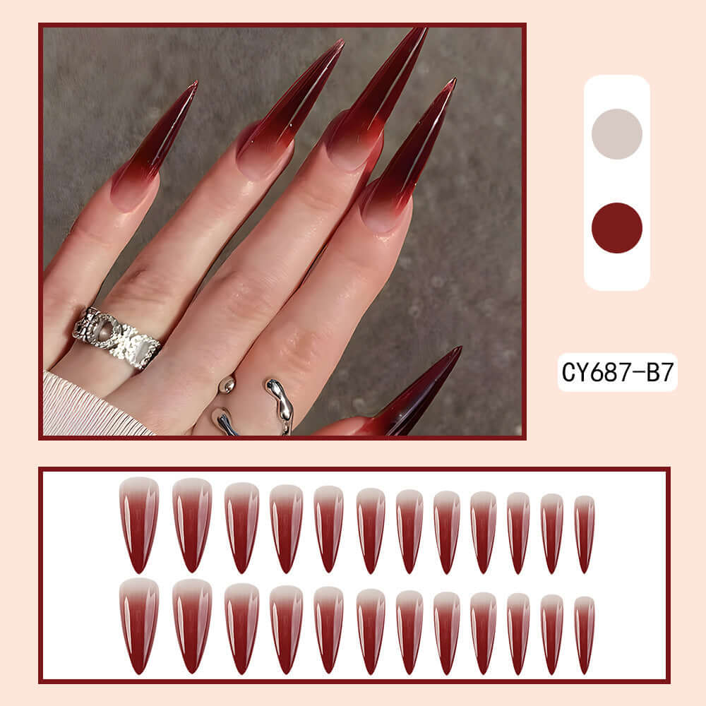 Elegant wine red gradient fake nails in drop shape, 24 pieces set, perfect for stylish nail art and fashion.