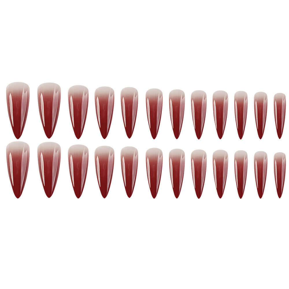 Elegant wine red gradient drop shape fake nail patches, 24 stylish long wearable nail stickers.