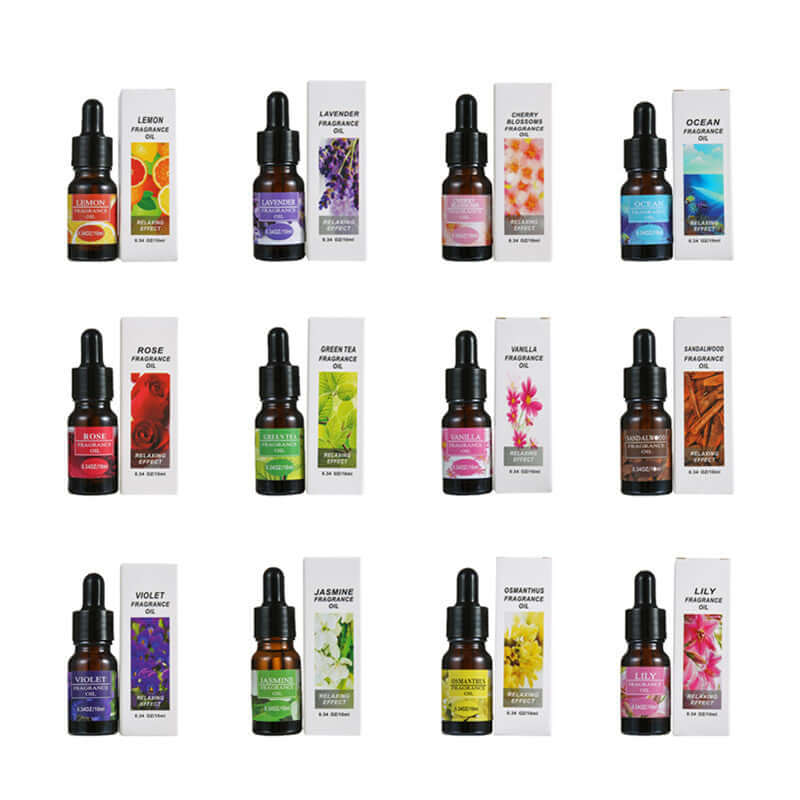 A selection of essential oil bottles for aromatherapy, featuring fragrances like Lemon, Lavender, Ocean, Rose, and Jasmine.