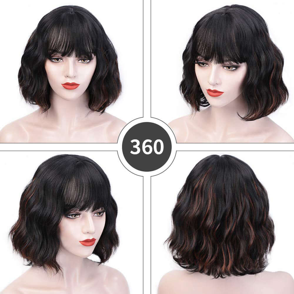Black short curly wig for women with bangs, showcasing 360° views. Ideal for any skin tone and face shape.