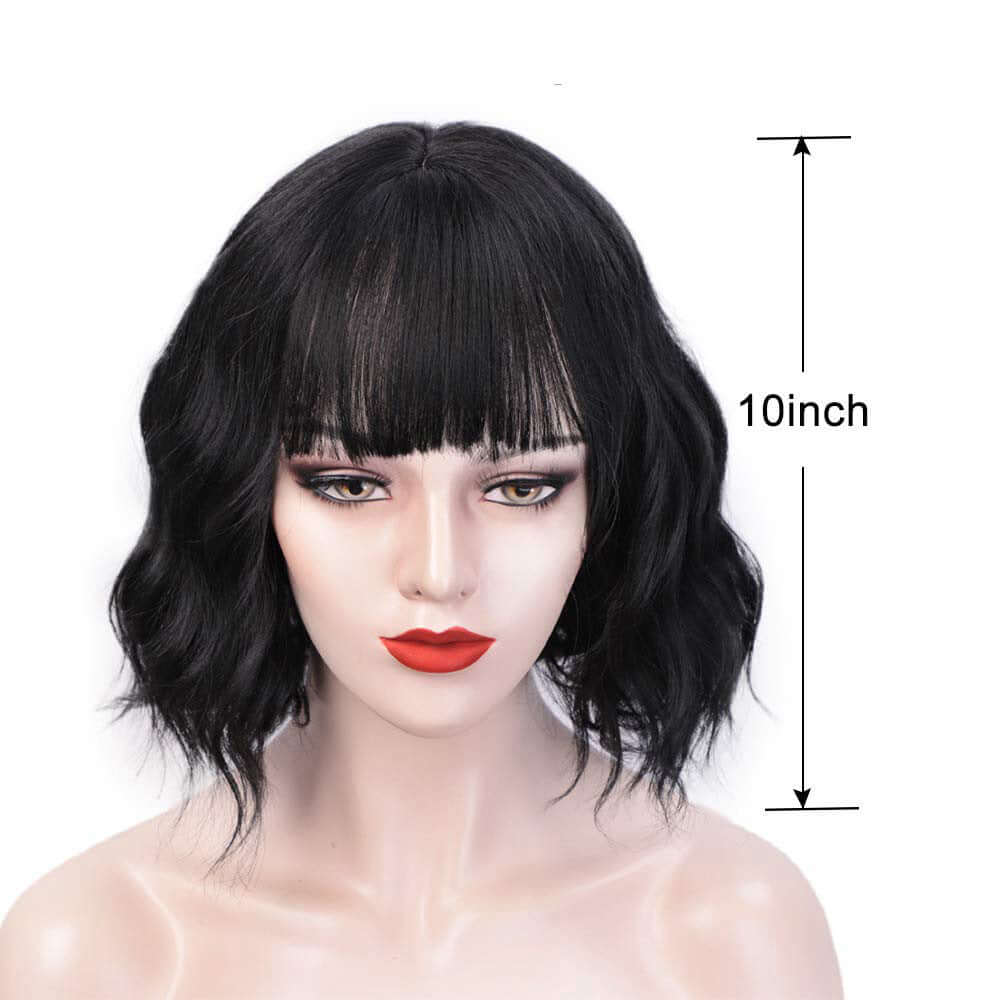 Short curly black wig with Qi bangs on a mannequin, 10-inch length, suitable for all skin tones and face shapes.