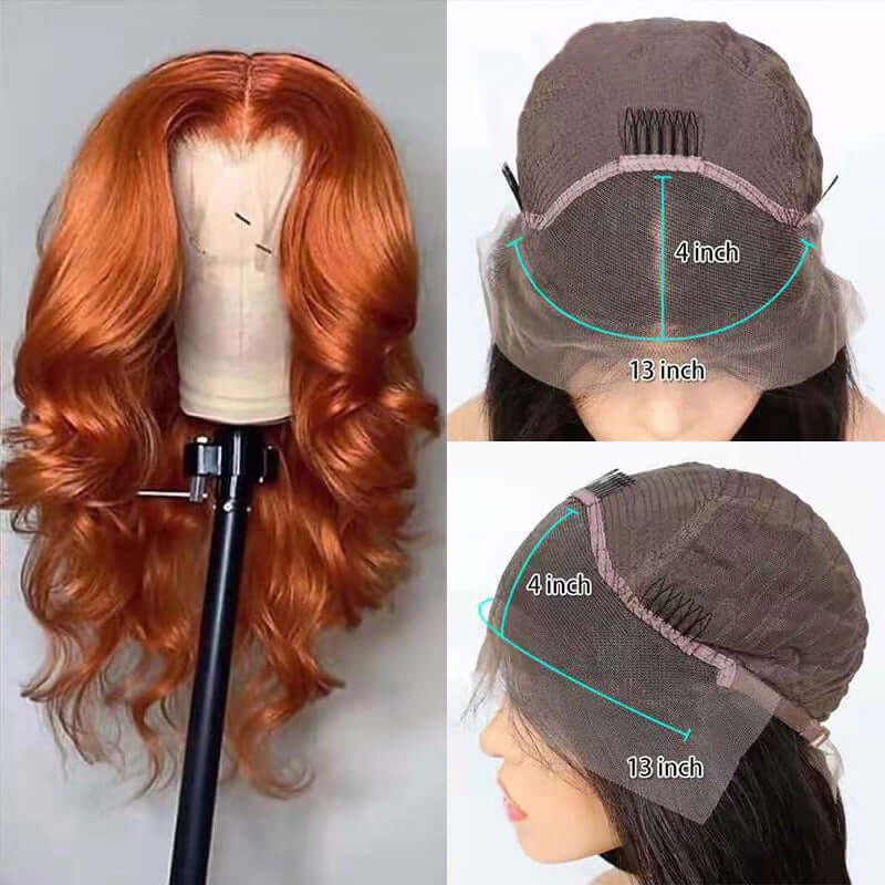 European and American dark orange wig set, showcasing smooth human hair and cap size details.