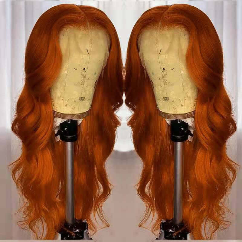 European and American dark orange wig hair set on mannequin, featuring smooth waves and vibrant color.