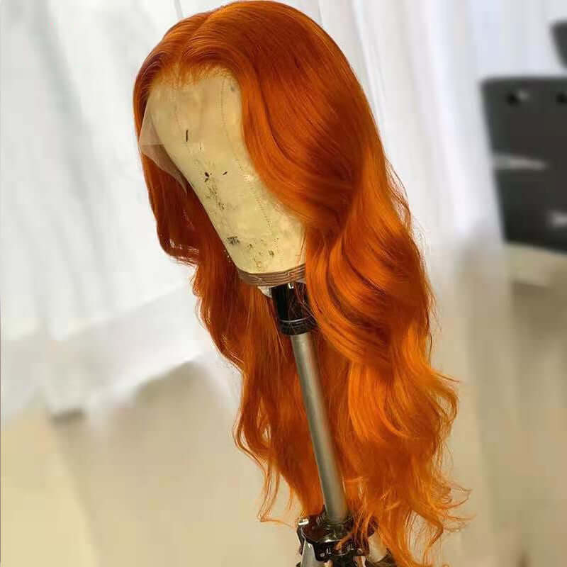 European American dark orange wig on display with smooth waves, suitable for all skin tones and face shapes.
