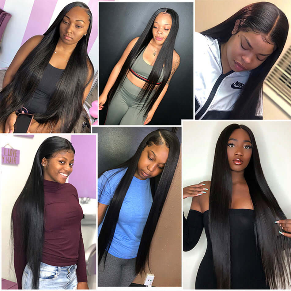 Various women showcasing long straight black wigs made of high temperature fiber, suitable for any face shape and skin color.
