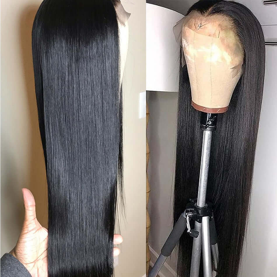 Long straight black hair wig on a mannequin, high temperature wire material, suitable for any skin tone and face shape.