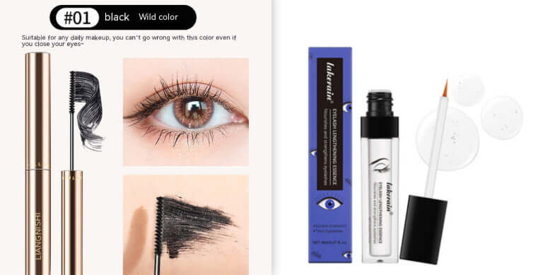 Eyelash nourishing liquid with applicator and mascara brush, promoting thick and healthy lashes in black color.
