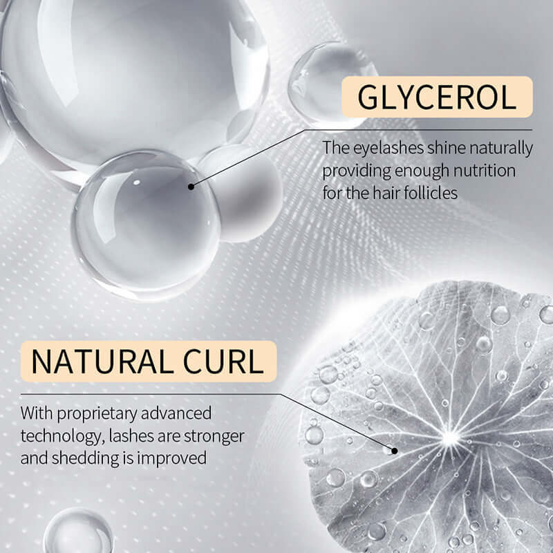 Close-up of glycerol and natural curl elements highlighting nutrient benefits for stronger, healthier eyelashes.