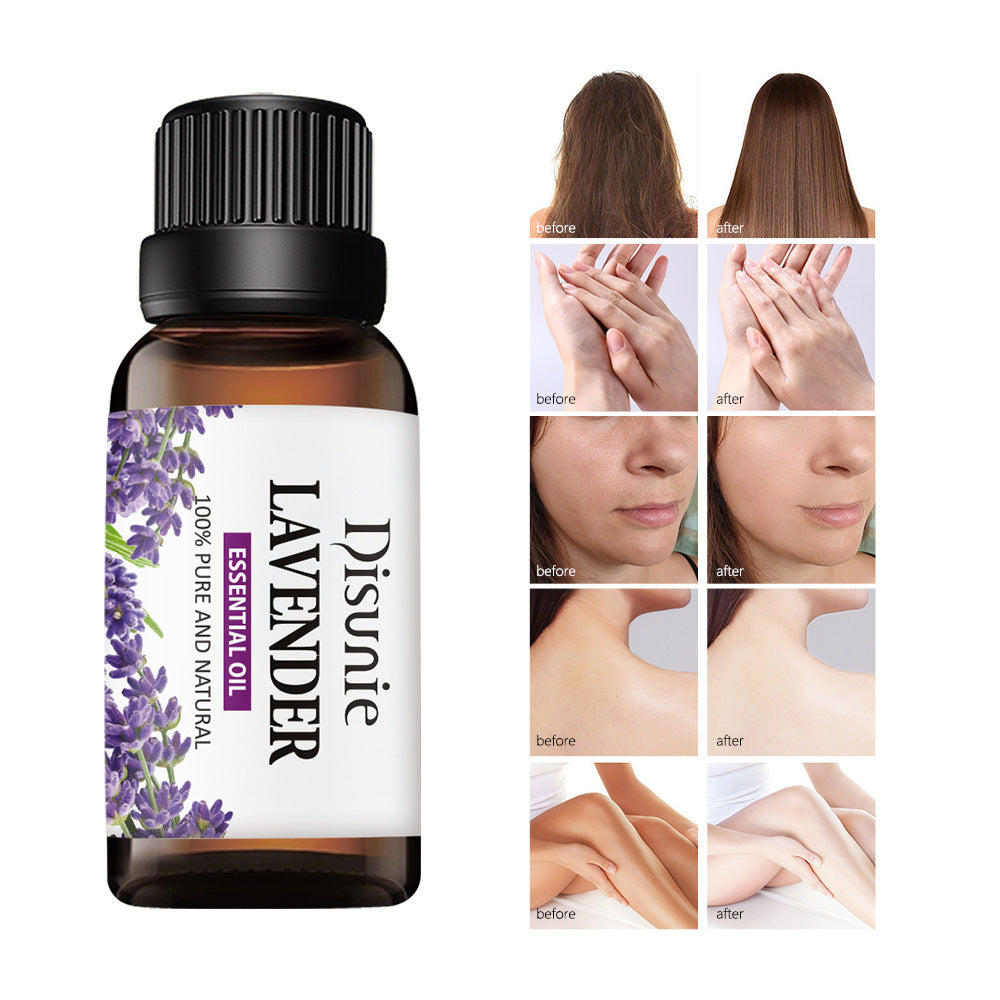 Fragrance massage oil featuring Disunie Lavender essential oil with before and after skin improvement images.