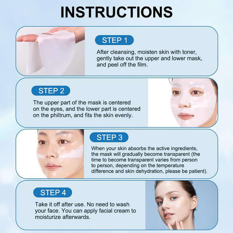 Instructions for using a moisturizing collagen face mask, detailing step-by-step application process for best results.