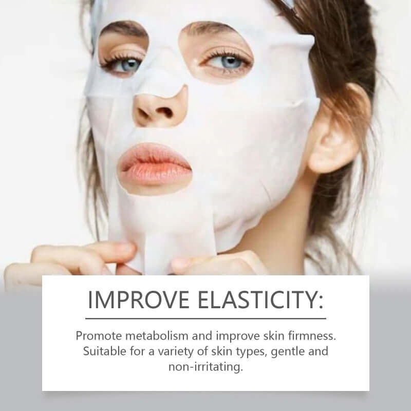 Woman applying a collagen mask to improve skin elasticity and firmness, suitable for all skin types.