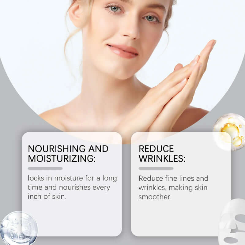 Woman demonstrating facial care benefits: nourishing, moisturizing, and reducing wrinkles with collagen mask.